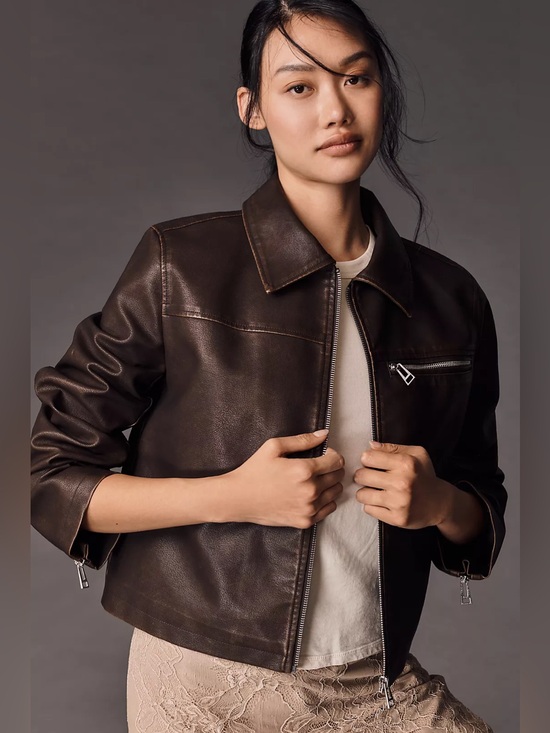 Pilcro Jackets & Blazers - Pilcro Anthropologie Washed Faux Leather Cropped Moto Jacket Brown Size Large